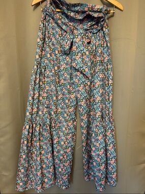 Blue Floral Wide-Leg Tie-Waist Pants